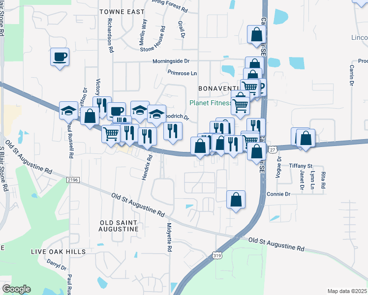 map of restaurants, bars, coffee shops, grocery stores, and more near 2870 Apalachee Parkway in Tallahassee