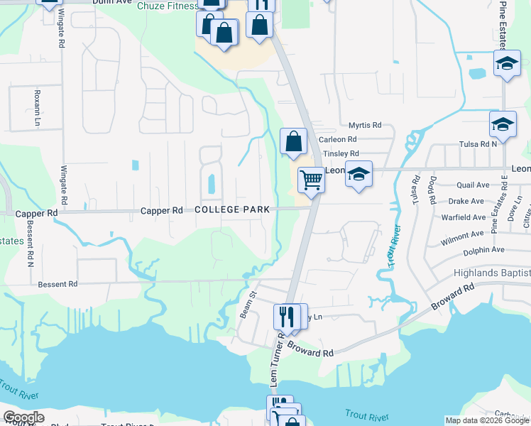 map of restaurants, bars, coffee shops, grocery stores, and more near 10595 Maidstone Cove Drive in Jacksonville