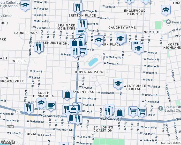 map of restaurants, bars, coffee shops, grocery stores, and more near 1880 West Godfrey Street in Pensacola