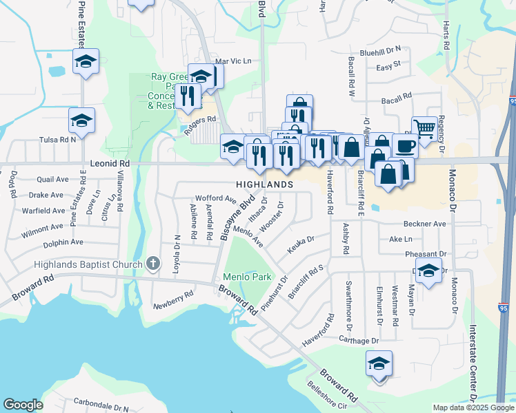 map of restaurants, bars, coffee shops, grocery stores, and more near 10610 Ithaca Drive in Jacksonville