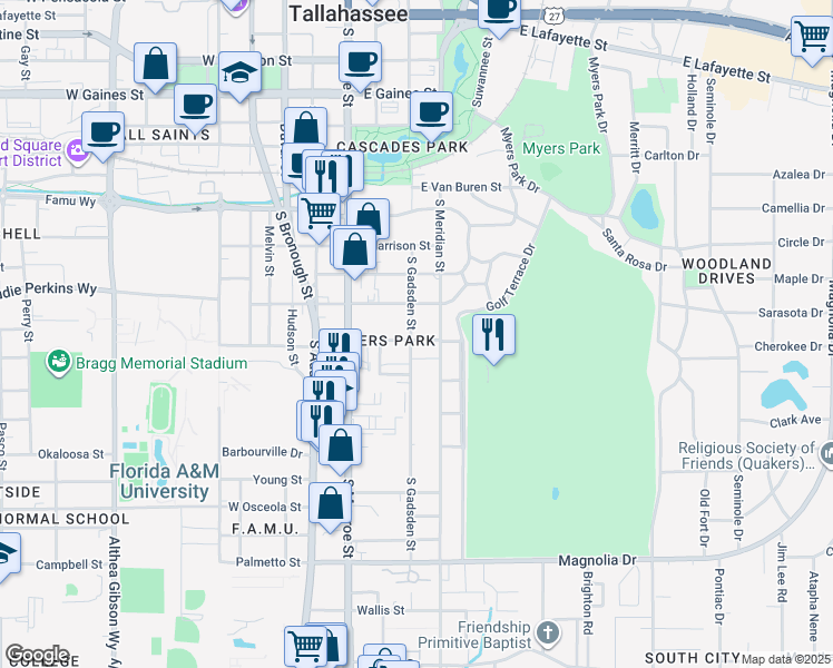 map of restaurants, bars, coffee shops, grocery stores, and more near 406 East Palmer Avenue in Tallahassee