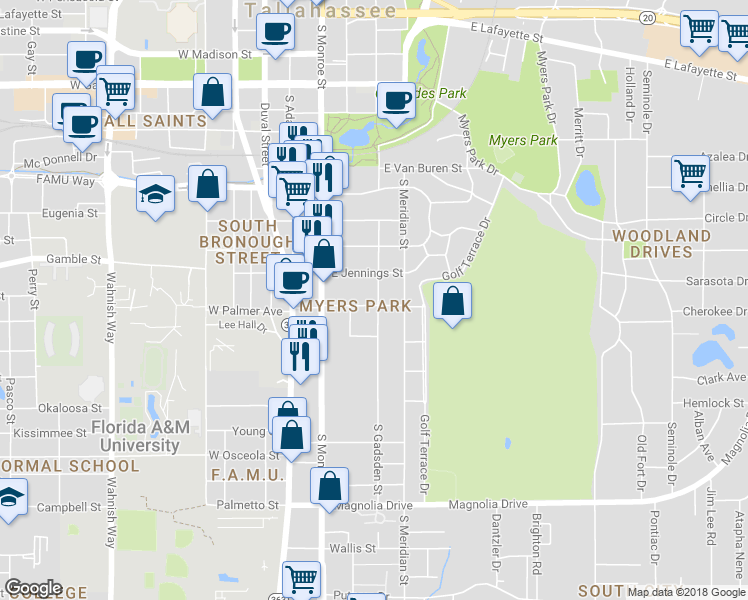 map of restaurants, bars, coffee shops, grocery stores, and more near 314 East Palmer Avenue in Tallahassee