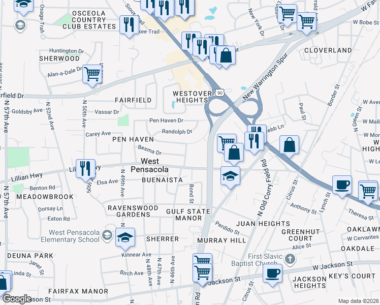 map of restaurants, bars, coffee shops, grocery stores, and more near 4398 Lillian Highway in Pensacola