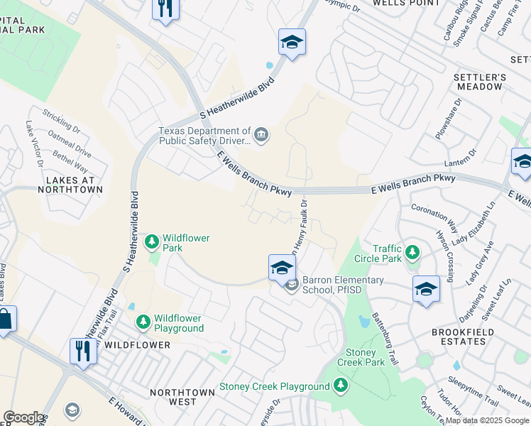 map of restaurants, bars, coffee shops, grocery stores, and more near Wells Branch Pkwy in Pflugerville