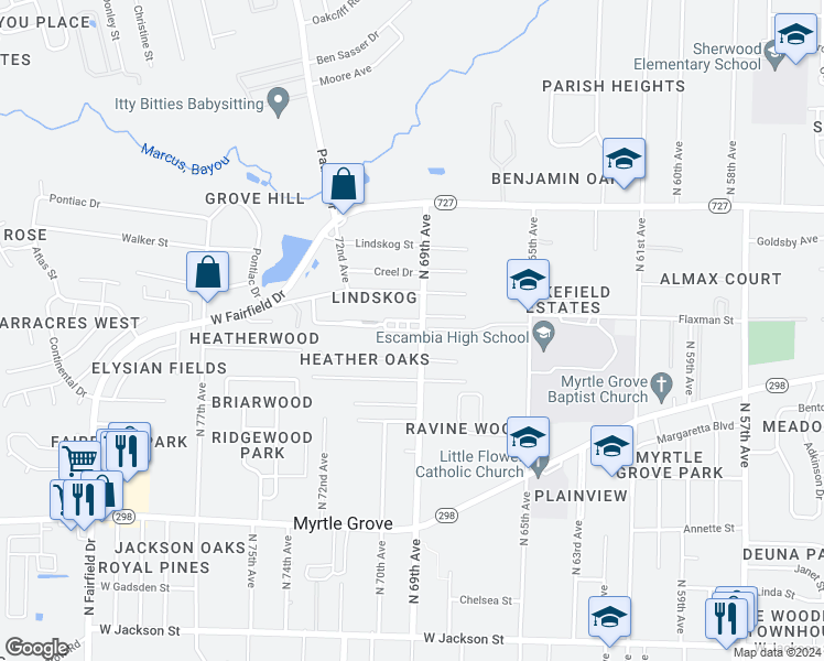 map of restaurants, bars, coffee shops, grocery stores, and more near 6908 Weatherwood Drive in Pensacola