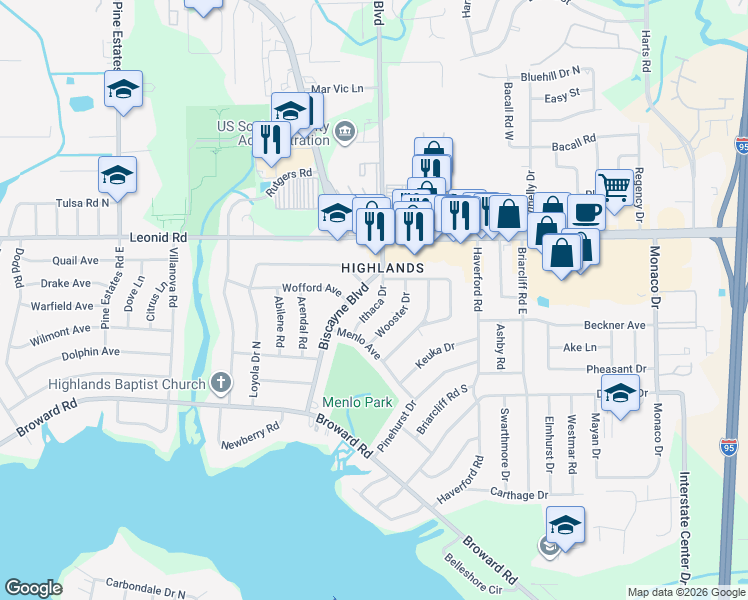 map of restaurants, bars, coffee shops, grocery stores, and more near 10610 Ithaca Drive in Jacksonville