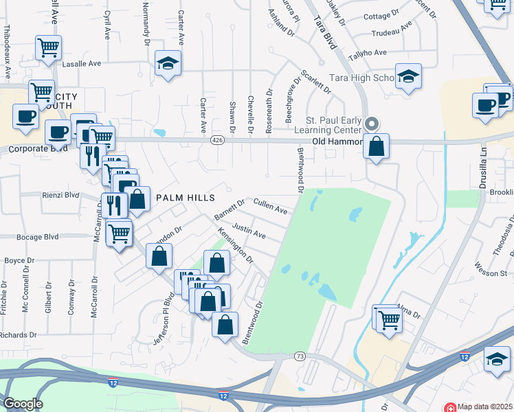 map of restaurants, bars, coffee shops, grocery stores, and more near 8460 Cullen Avenue in Baton Rouge