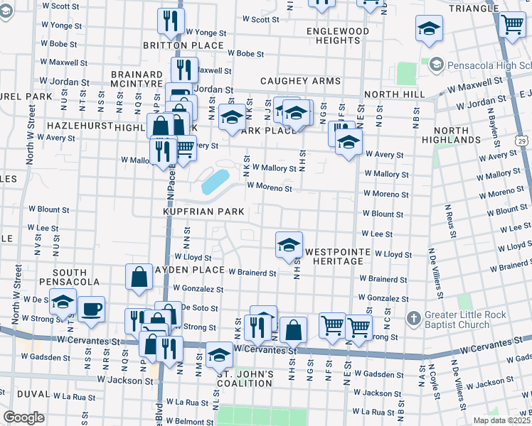 map of restaurants, bars, coffee shops, grocery stores, and more near 1414 North J Street in Pensacola