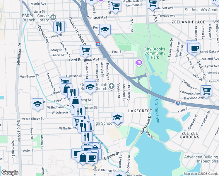 map of restaurants, bars, coffee shops, grocery stores, and more near 2161 Kentucky Street in Baton Rouge