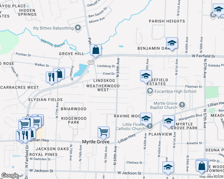 map of restaurants, bars, coffee shops, grocery stores, and more near 6919 Weatherwood Drive in Pensacola
