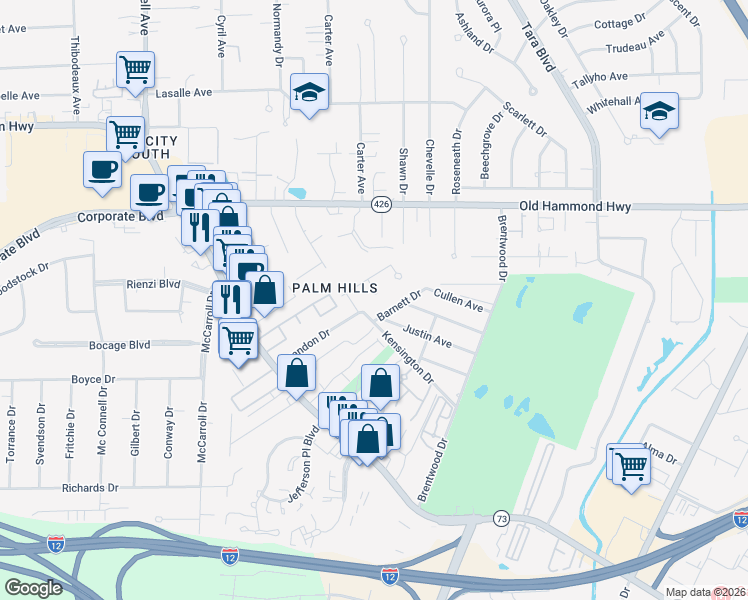 map of restaurants, bars, coffee shops, grocery stores, and more near 2440 Cameo Court in Baton Rouge