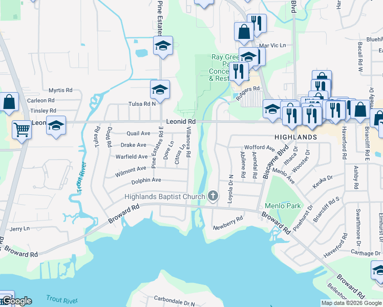 map of restaurants, bars, coffee shops, grocery stores, and more near 10571 Villanova Road in Jacksonville