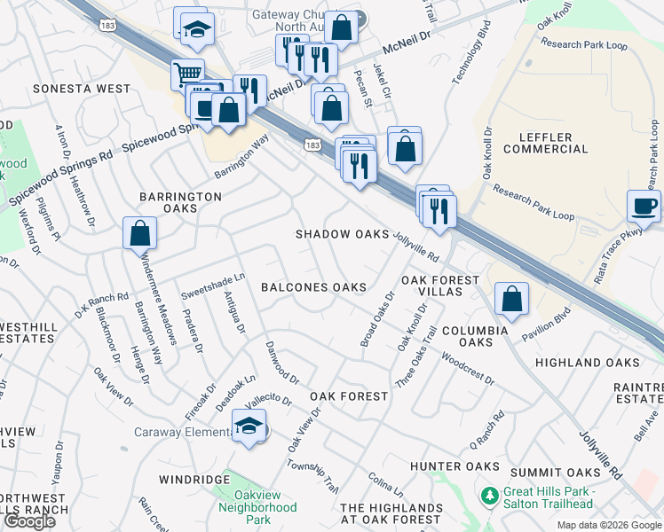 map of restaurants, bars, coffee shops, grocery stores, and more near 11635 Argonne Forest Trail in Austin