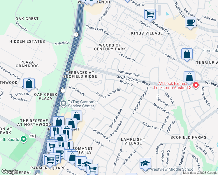 map of restaurants, bars, coffee shops, grocery stores, and more near 13117 Troops Trail in Austin