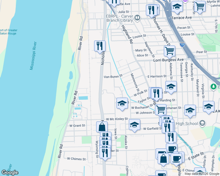 map of restaurants, bars, coffee shops, grocery stores, and more near 2010 Iowa Street in Baton Rouge