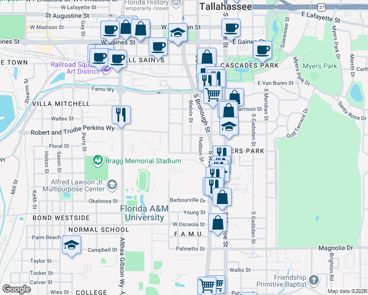 map of restaurants, bars, coffee shops, grocery stores, and more near in Tallahassee