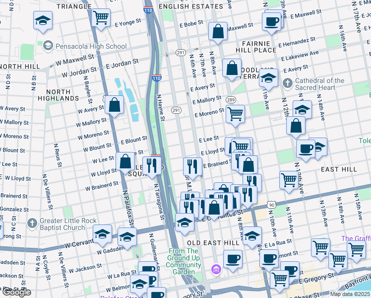 map of restaurants, bars, coffee shops, grocery stores, and more near 1312 Doctor Martin Luther King Junior Drive in Pensacola