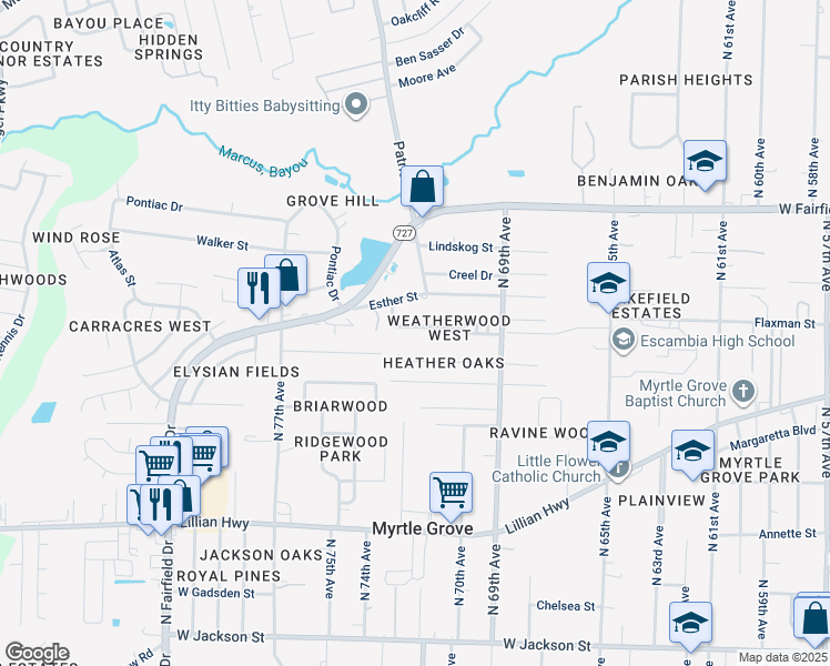 map of restaurants, bars, coffee shops, grocery stores, and more near 7017 Weatherwood Drive in Pensacola