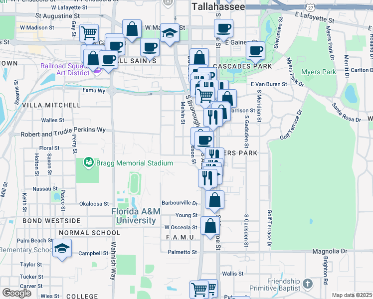 map of restaurants, bars, coffee shops, grocery stores, and more near 1525 Melvin Street in Tallahassee