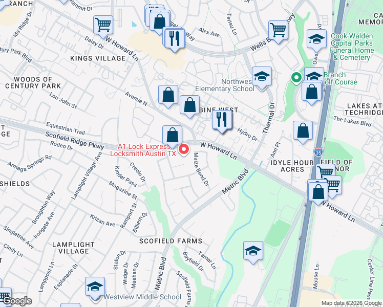 map of restaurants, bars, coffee shops, grocery stores, and more near 1735 Maize Bend Drive in Austin