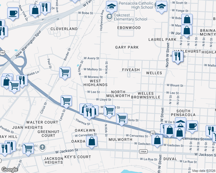 map of restaurants, bars, coffee shops, grocery stores, and more near 1414 North Kirk Street in Pensacola