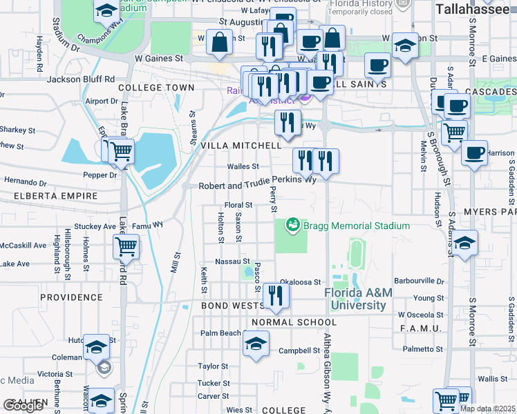 map of restaurants, bars, coffee shops, grocery stores, and more near 671 Floral Street in Tallahassee