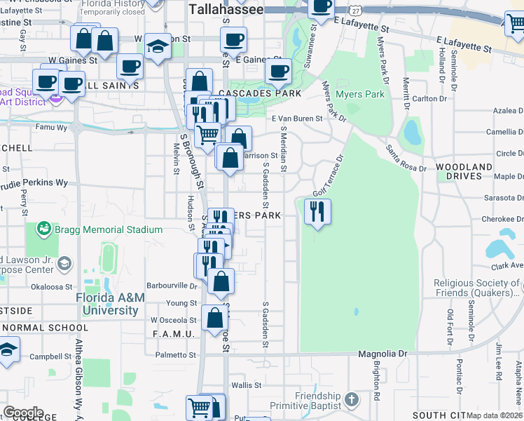 map of restaurants, bars, coffee shops, grocery stores, and more near 314 East Palmer Avenue in Tallahassee