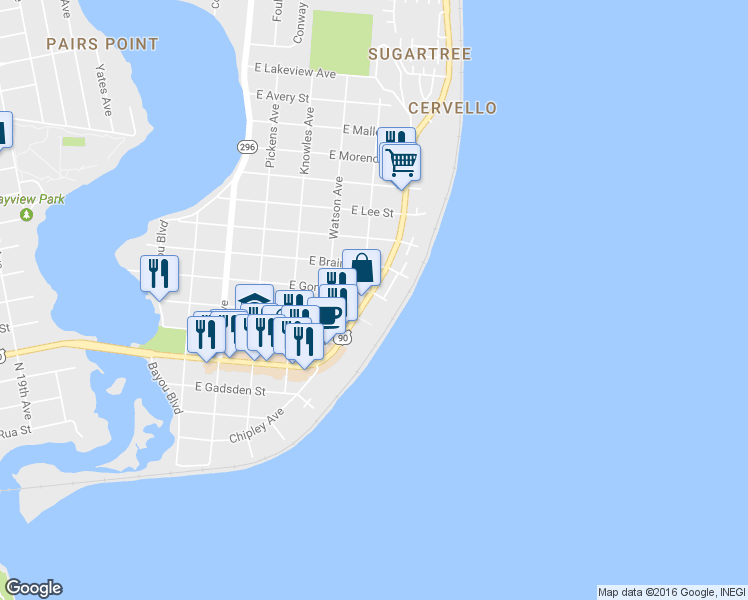 map of restaurants, bars, coffee shops, grocery stores, and more near 810 Scenic Highway in Pensacola