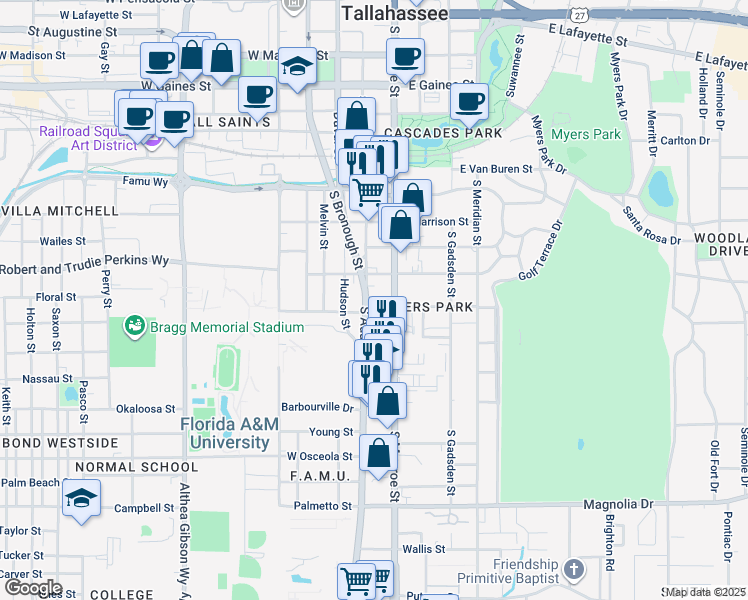 map of restaurants, bars, coffee shops, grocery stores, and more near 1534 South Adams Street in Tallahassee