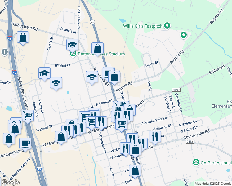 map of restaurants, bars, coffee shops, grocery stores, and more near 408 North Danville Street in Willis