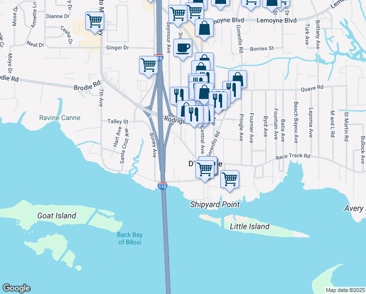 map of restaurants, bars, coffee shops, grocery stores, and more near 3349 W Race Track Rd in D'Iberville