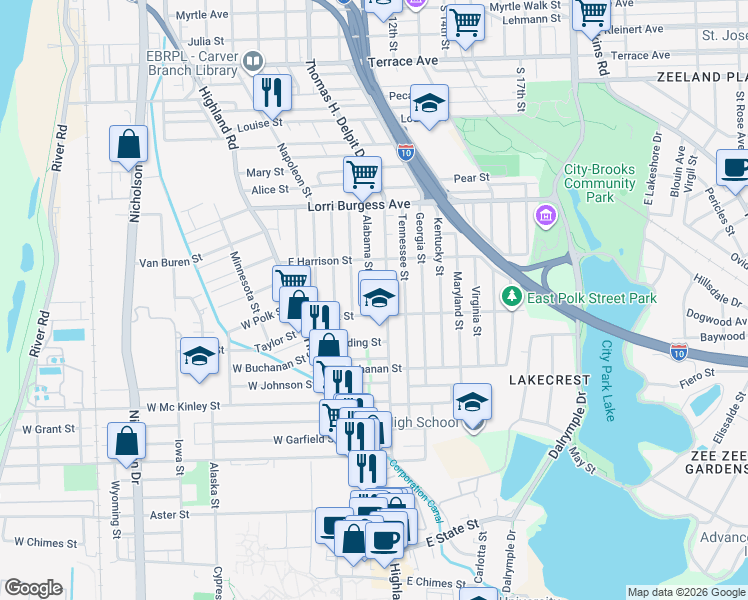 map of restaurants, bars, coffee shops, grocery stores, and more near 2165 Alabama Street in Baton Rouge