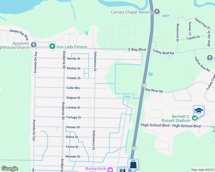 map of restaurants, bars, coffee shops, grocery stores, and more near 8374 Calle Mio in Navarre