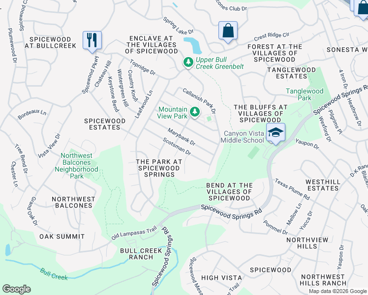 map of restaurants, bars, coffee shops, grocery stores, and more near 8904 Scotsman Drive in Austin