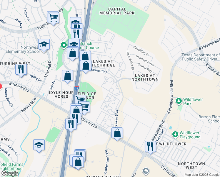 map of restaurants, bars, coffee shops, grocery stores, and more near 14200 The Lakes Boulevard in Pflugerville