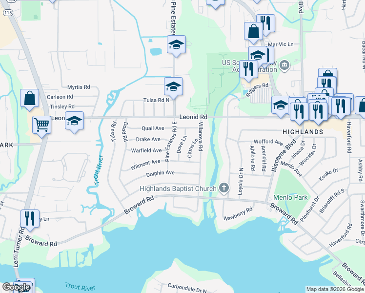 map of restaurants, bars, coffee shops, grocery stores, and more near 10561 Dove Lane in Jacksonville