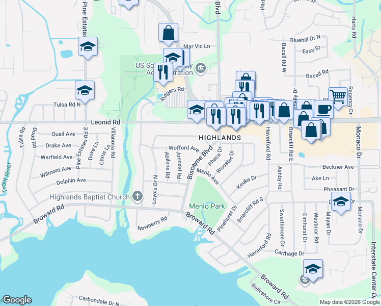 map of restaurants, bars, coffee shops, grocery stores, and more near 10580 Biscayne Boulevard in Jacksonville
