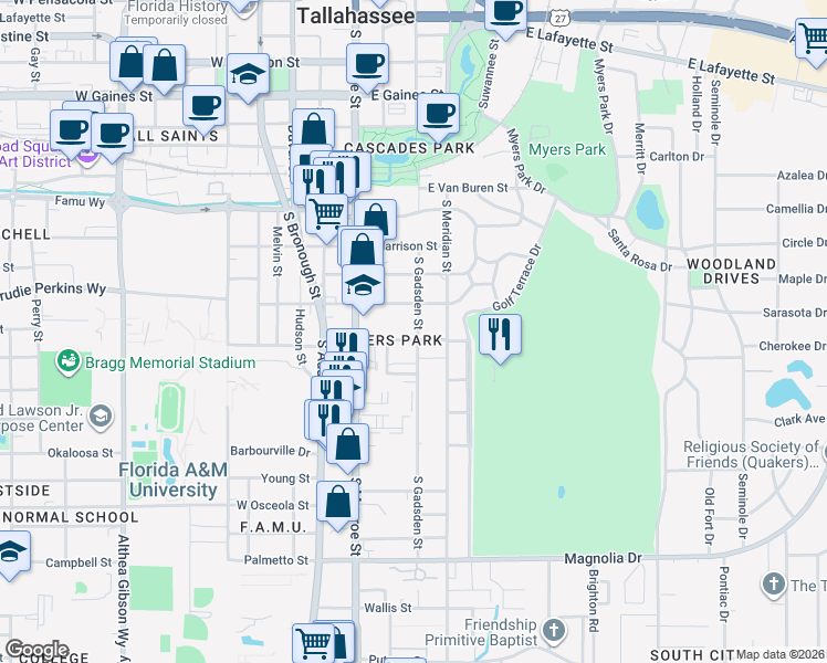 map of restaurants, bars, coffee shops, grocery stores, and more near 314 East Palmer Avenue in Tallahassee