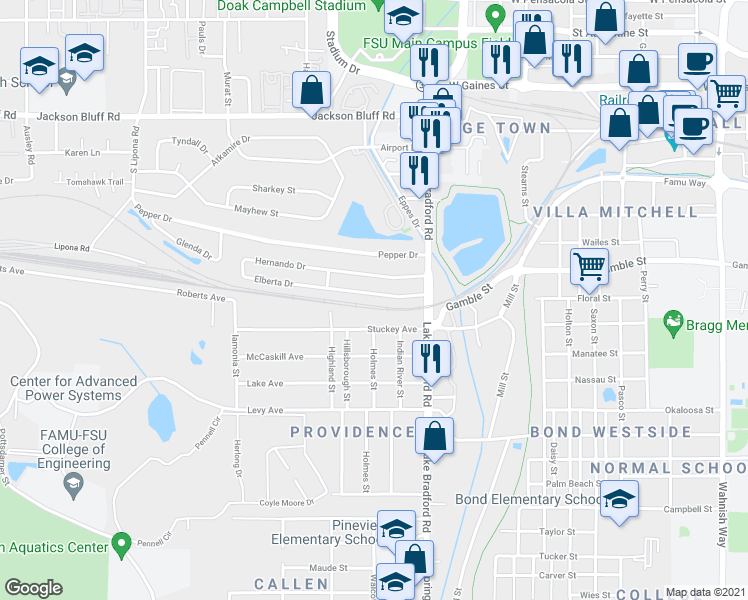 map of restaurants, bars, coffee shops, grocery stores, and more near 1303 Elberta Drive in Tallahassee