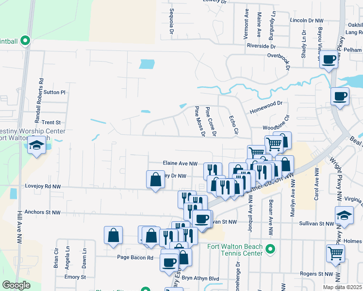 map of restaurants, bars, coffee shops, grocery stores, and more near 261 Echo Circle in Fort Walton Beach