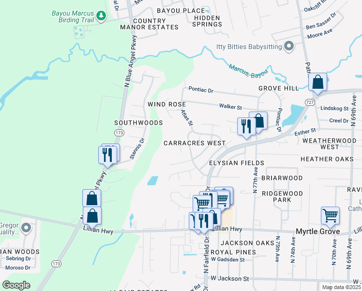 map of restaurants, bars, coffee shops, grocery stores, and more near 8253 Continental Court in Pensacola