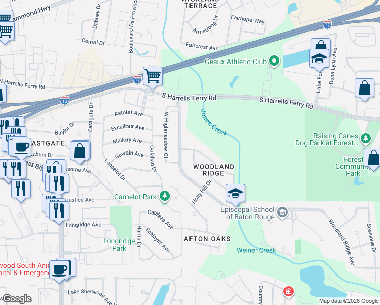 map of restaurants, bars, coffee shops, grocery stores, and more near 2639 Woodland Ridge Boulevard in Baton Rouge