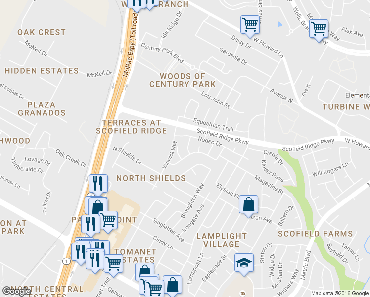 map of restaurants, bars, coffee shops, grocery stores, and more near 13117 Troops Trail in Austin