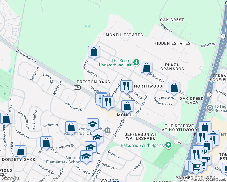 map of restaurants, bars, coffee shops, grocery stores, and more near 12713 War Path in Austin
