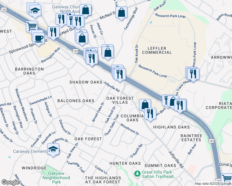 map of restaurants, bars, coffee shops, grocery stores, and more near 6604 Scrub Oak Lane in Austin