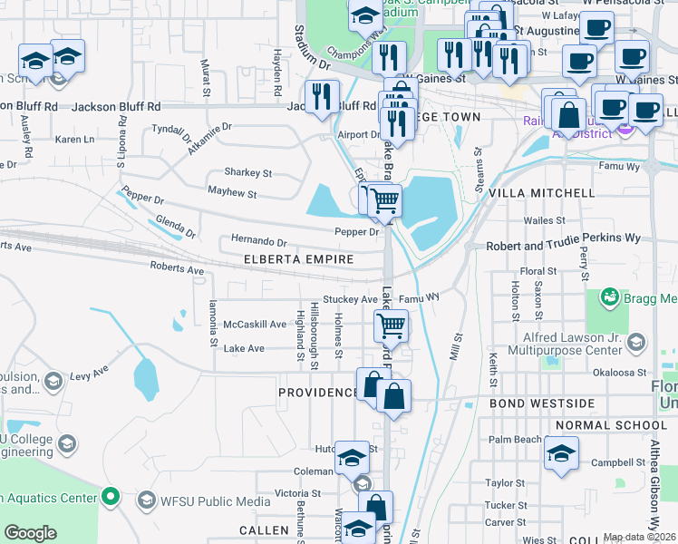 map of restaurants, bars, coffee shops, grocery stores, and more near 1303 Elberta Drive in Tallahassee