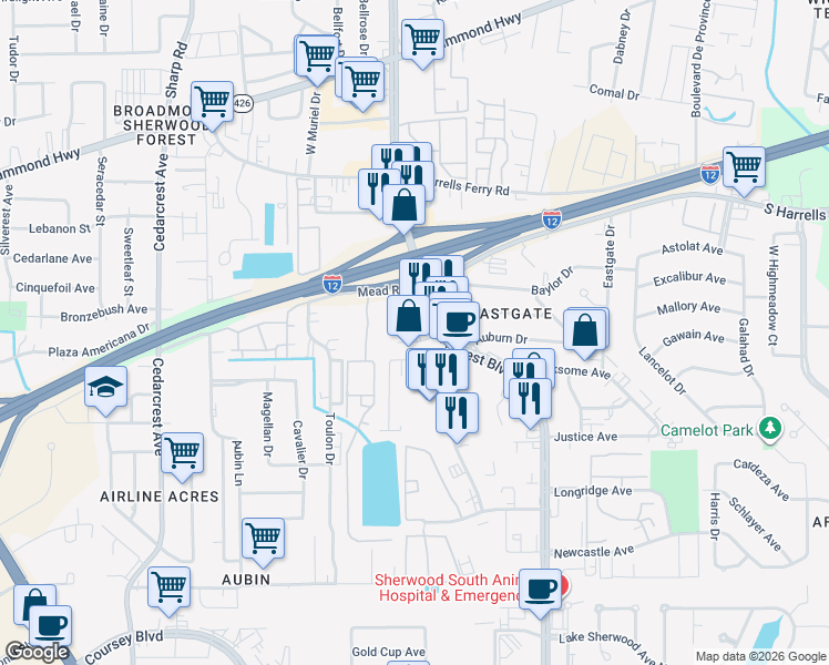 map of restaurants, bars, coffee shops, grocery stores, and more near 2628 South Sherwood Forest Boulevard in Baton Rouge