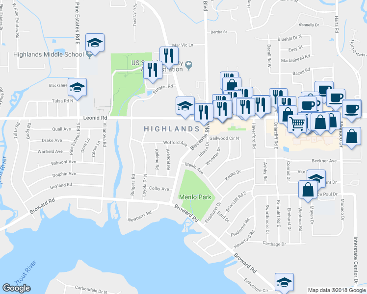 map of restaurants, bars, coffee shops, grocery stores, and more near 1614 Wofford Avenue in Jacksonville