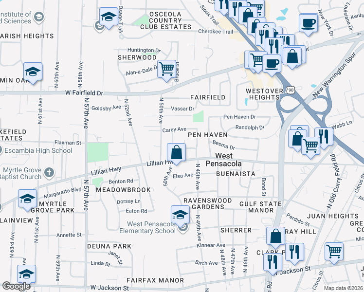 map of restaurants, bars, coffee shops, grocery stores, and more near 10 Union Court in Pensacola
