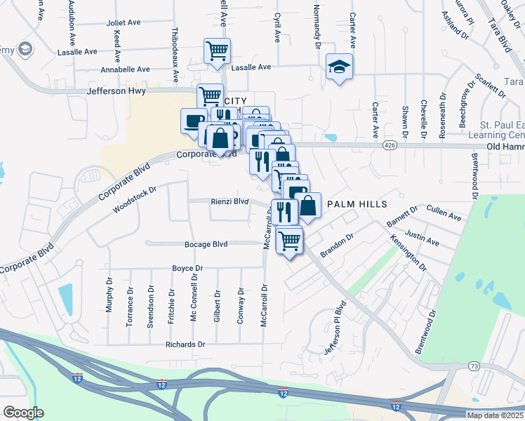 map of restaurants, bars, coffee shops, grocery stores, and more near 7656 Rienzi Boulevard in Baton Rouge
